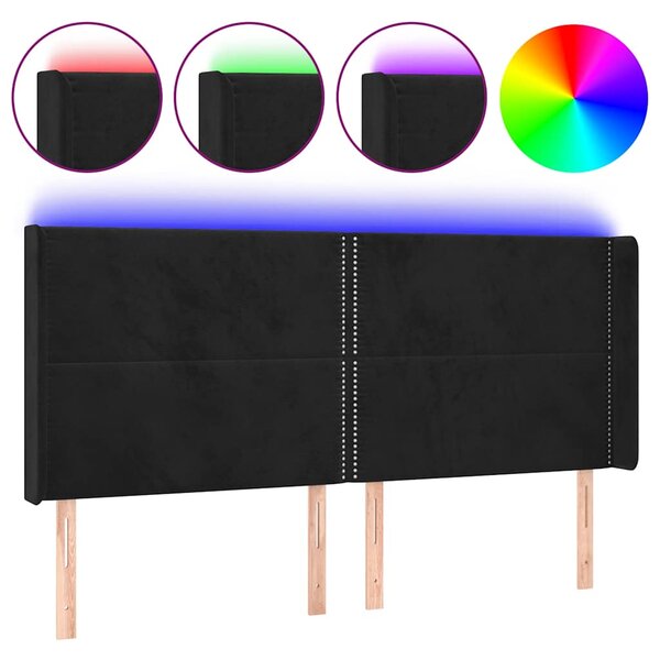 Čelo postele s LED černé 203 x 16 x 118/128 cm samet 3123976