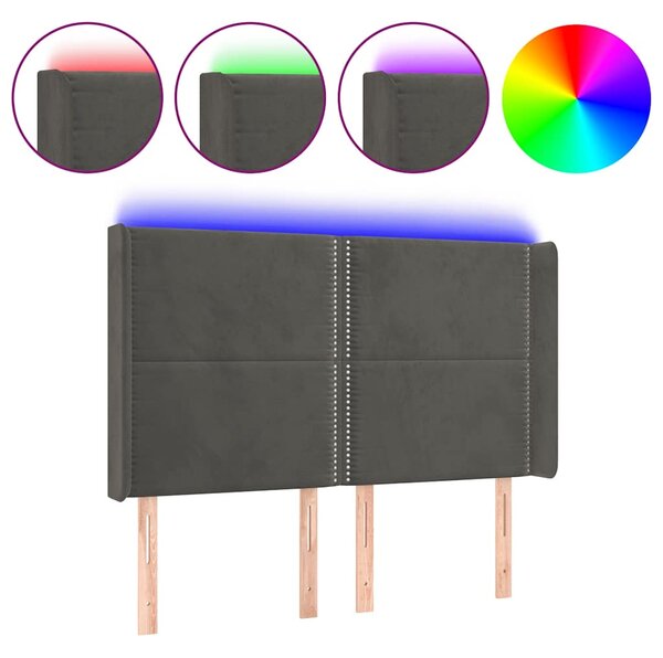 Čelo postele s LED tmavě šedé 147 x 16 x 118/128 cm samet 3123957
