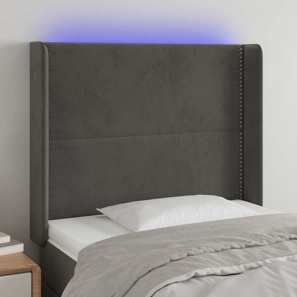 Čelo postele s LED tmavě šedé 103 x 16 x 118/128 cm samet 3123951