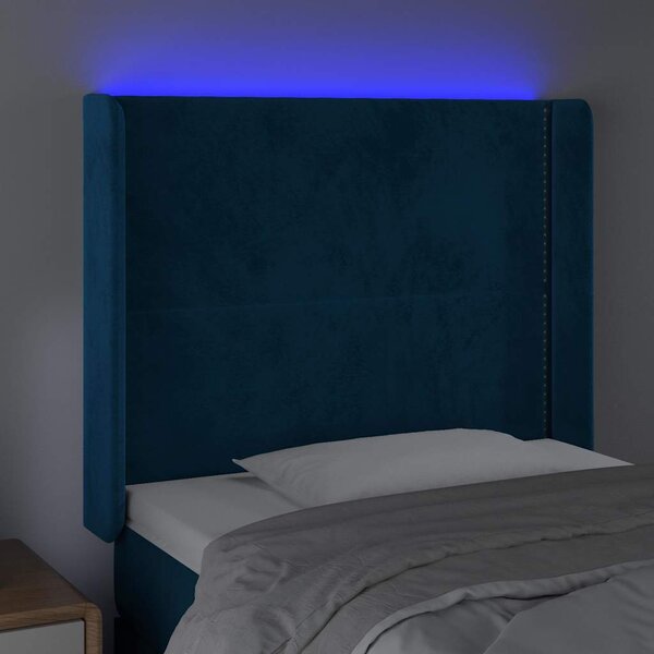 Čelo postele s LED tmavě modré 103 x 16 x 118/128 cm textil 3123954