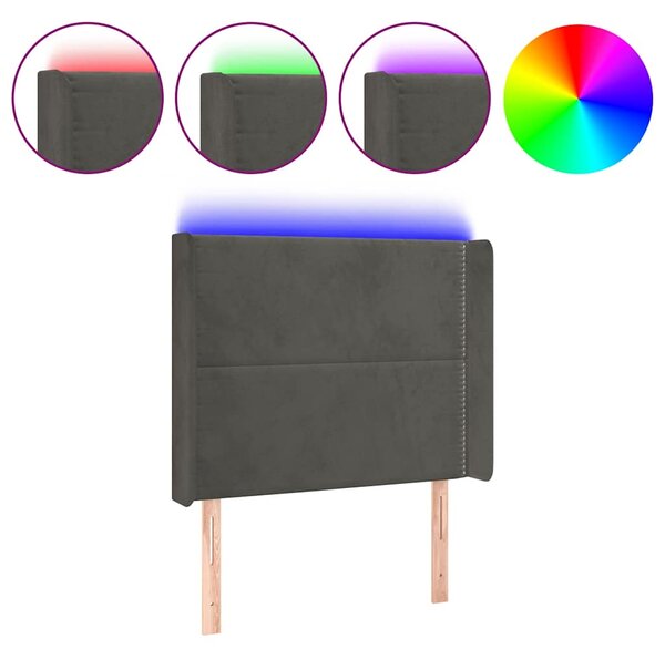 Čelo postele s LED tmavě šedé 103 x 16 x 118/128 cm samet 3123951