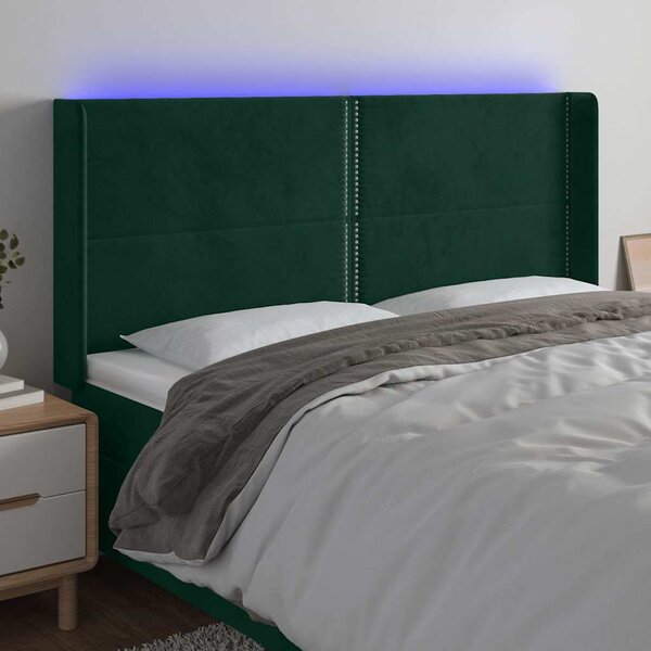Čelo postele s LED tmavě zelené 203 x 16 x 118/128 cm samet 3123977