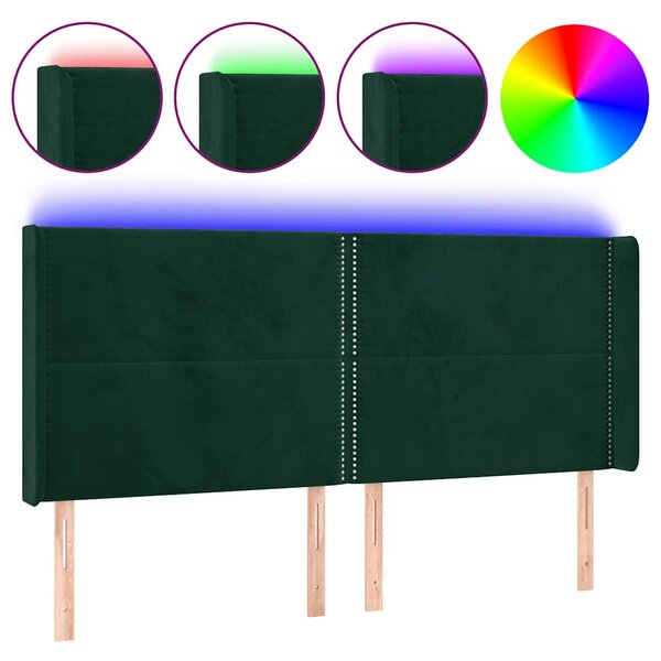 Čelo postele s LED tmavě zelené 203 x 16 x 118/128 cm samet 3123977