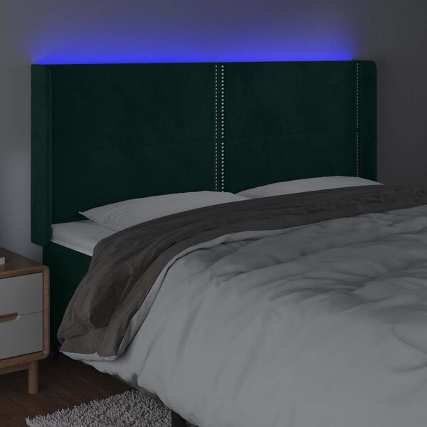 Čelo postele s LED tmavě zelené 203 x 16 x 118/128 cm samet 3123977
