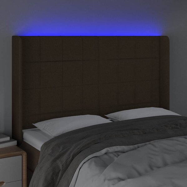 Čelo postele s LED tmavě hnědé 147 x 16 x 118/128 cm textil 3124049