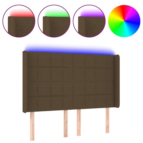 Čelo postele s LED tmavě hnědé 147 x 16 x 118/128 cm textil 3124049