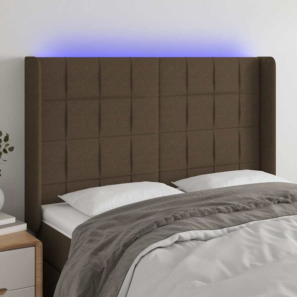 Čelo postele s LED tmavě hnědé 147 x 16 x 118/128 cm textil 3124049