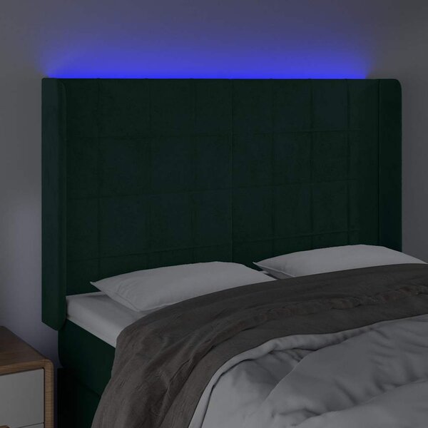Čelo postele s LED tmavě zelené 147 x 16 x 118/128 cm samet 3124099