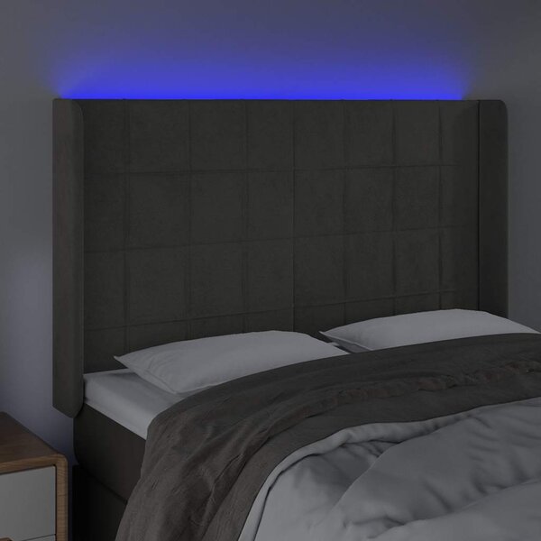 Čelo postele s LED tmavě šedé 147 x 16 x 118/128 cm samet 3124097