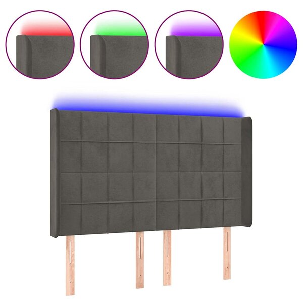 Čelo postele s LED tmavě šedé 147 x 16 x 118/128 cm samet 3124097