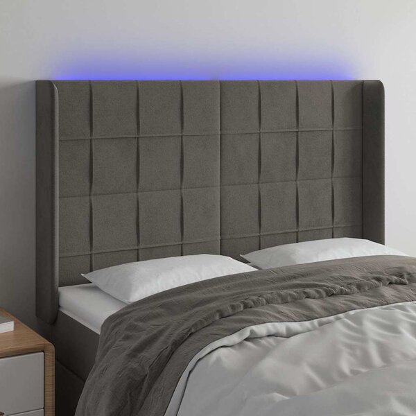 Čelo postele s LED tmavě šedé 147 x 16 x 118/128 cm samet 3124097