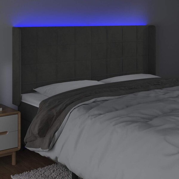 Čelo postele s LED tmavě šedé 163 x 16 x 118/128 cm samet 3124103