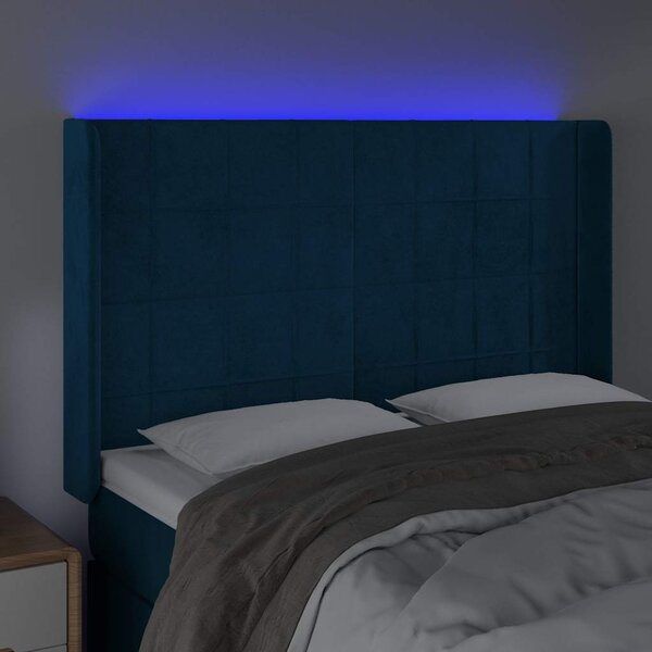 Čelo postele s LED tmavě modré 147 x 16 x 118/128 cm samet 3124100