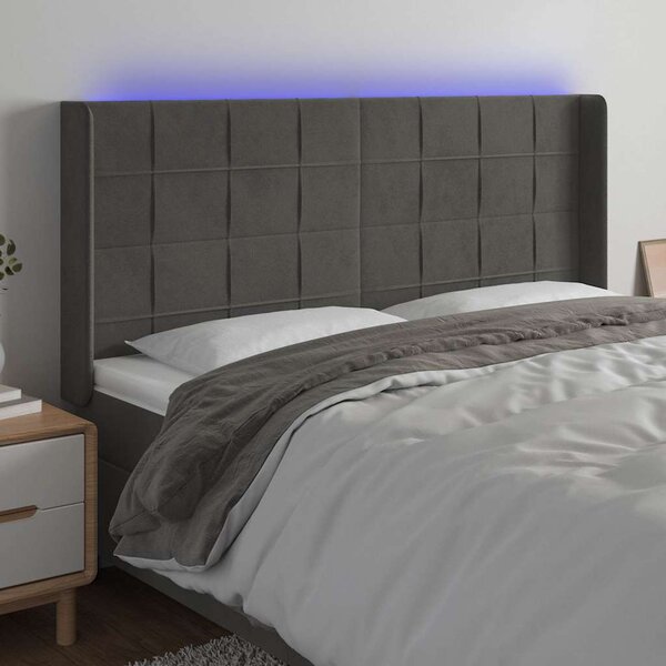 Čelo postele s LED tmavě šedé 163 x 16 x 118/128 cm samet 3124103