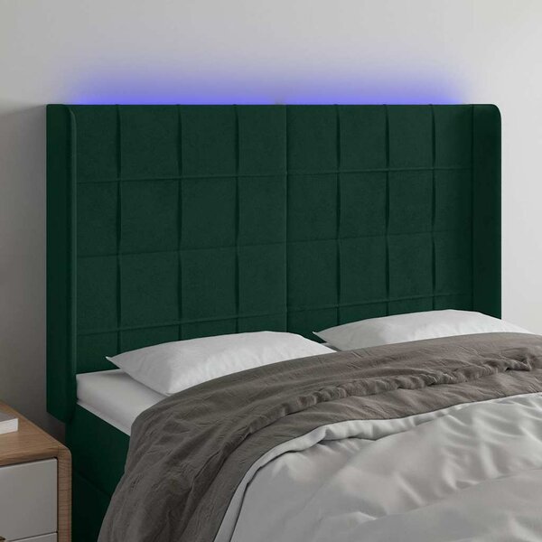 Čelo postele s LED tmavě zelené 147 x 16 x 118/128 cm samet 3124099
