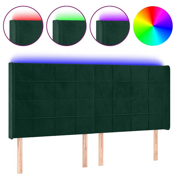 Čelo postele s LED tmavě zelené 203 x 16 x 118/128 cm samet 3124117