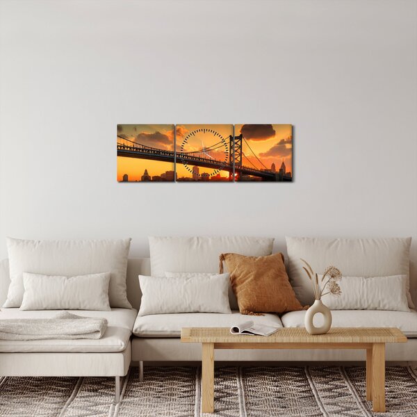 Obraz - Západ slunce nad mostem Bena Franklina, Filadelfie (s hodinami) (90x30 cm)
