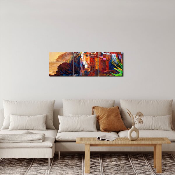 Obraz - Vesnice na pobřeží Cinque Terre, Italská riviéra, moderní impresionismus (s hodinami) (90x30 cm)