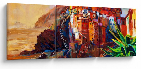 Obraz - Vesnice na pobřeží Cinque Terre, Italská riviéra, moderní impresionismus (s hodinami) (90x30 cm)