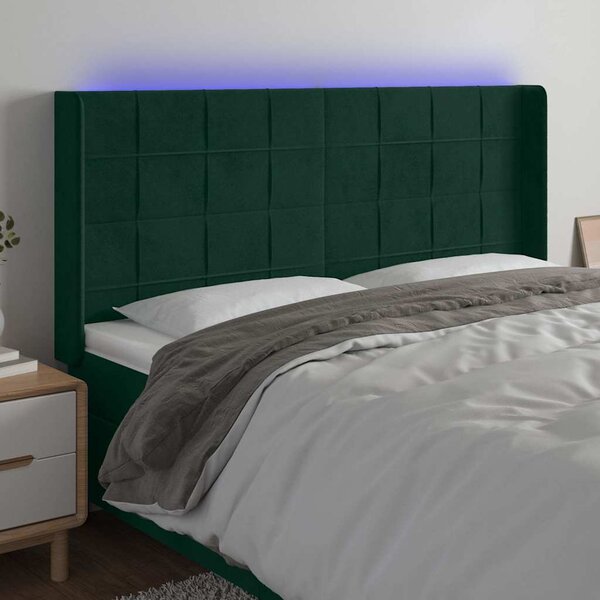 Čelo postele s LED tmavě zelené 203 x 16 x 118/128 cm samet 3124117
