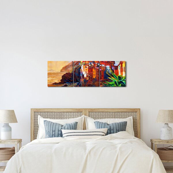 Obraz - Vesnice na pobřeží Cinque Terre, Italská riviéra, moderní impresionismus (s hodinami) (90x30 cm)