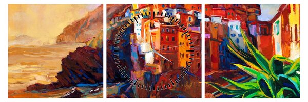 Obraz - Vesnice na pobřeží Cinque Terre, Italská riviéra, moderní impresionismus (s hodinami) (90x30 cm)
