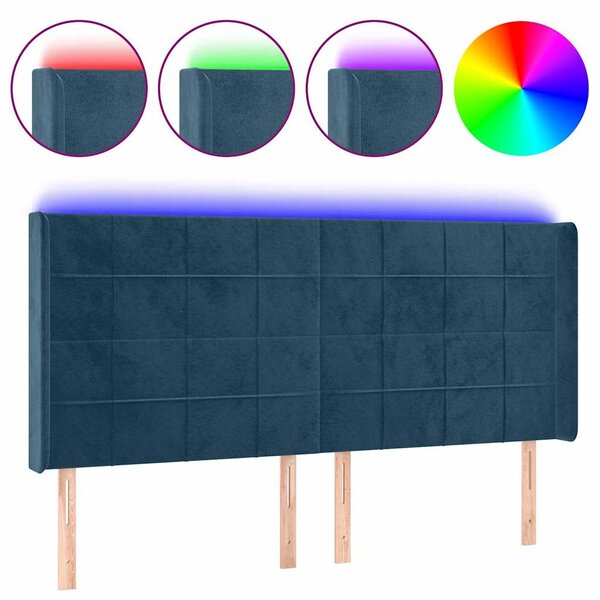 Čelo postele s LED tmavě modré 163 x 16 x 118/128 cm samet 3124106