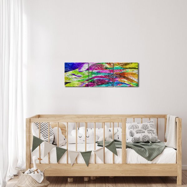 Obraz - Cihlová zeď s barevnými plameny (s hodinami) (90x30 cm)