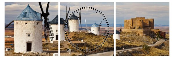 Obraz - Větrné mlýny Consuegra, Španělsko (s hodinami) (90x30 cm)