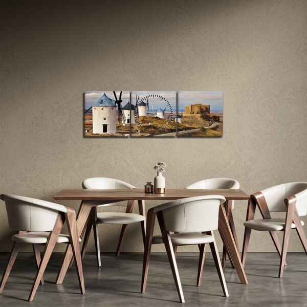 Obraz - Větrné mlýny Consuegra, Španělsko (s hodinami) (90x30 cm)