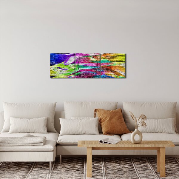 Obraz - Cihlová zeď s barevnými plameny (s hodinami) (90x30 cm)