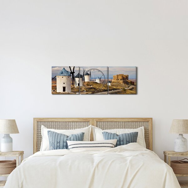 Obraz - Větrné mlýny Consuegra, Španělsko (s hodinami) (90x30 cm)