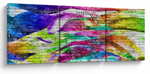 Obraz - Cihlová zeď s barevnými plameny (s hodinami) (90x30 cm)