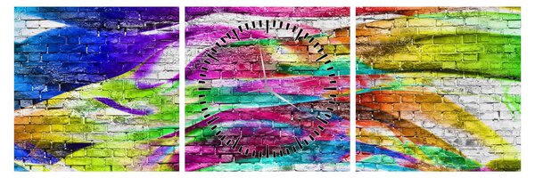 Obraz - Cihlová zeď s barevnými plameny (s hodinami) (90x30 cm)