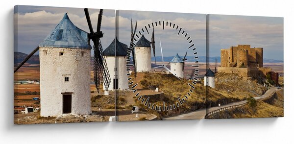 Obraz - Větrné mlýny Consuegra, Španělsko (s hodinami) (90x30 cm)
