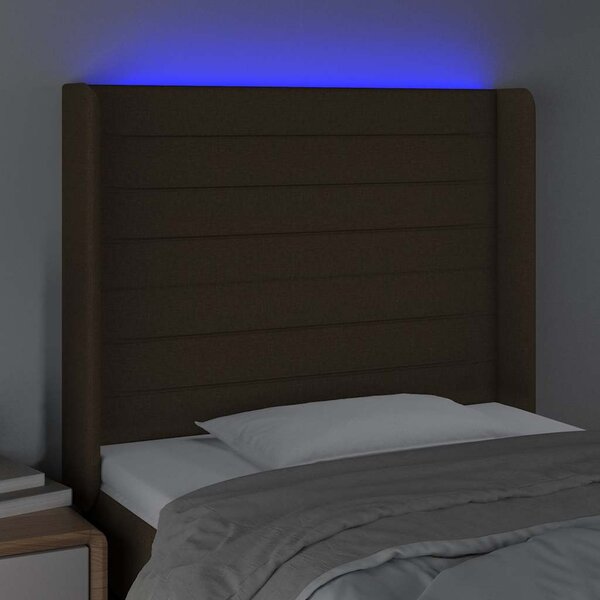 Čelo postele s LED tmavě hnědé 93 x 16 x 118/128 cm textil 3124173
