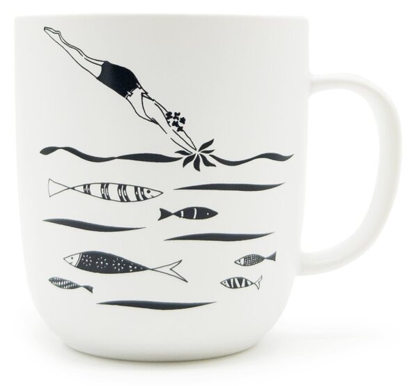 Porcelánový hrnek PPD Plavkyně, bílý, černá kresba, ryby, vlny, 400 ml