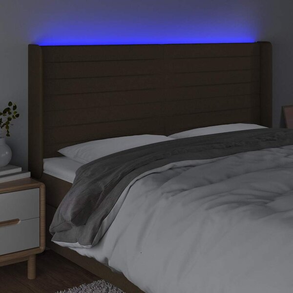 Čelo postele s LED tmavě hnědé 183 x 16 x 118/128 cm textil 3124205