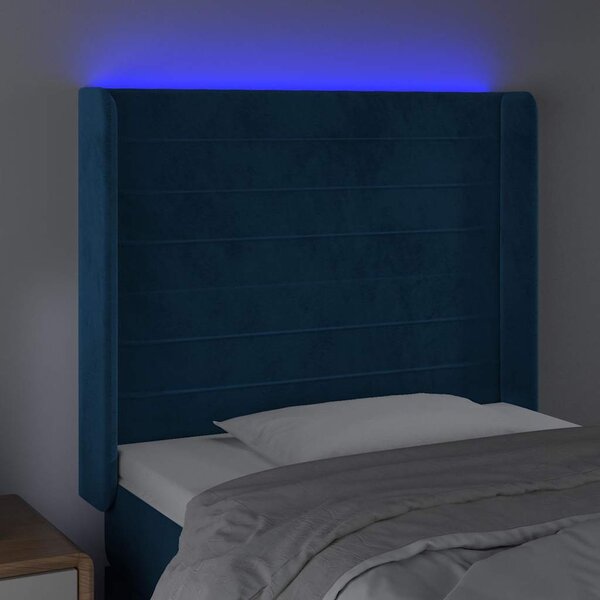 Čelo postele s LED tmavě modré 103 x 16 x 118/128 cm textil 3124234