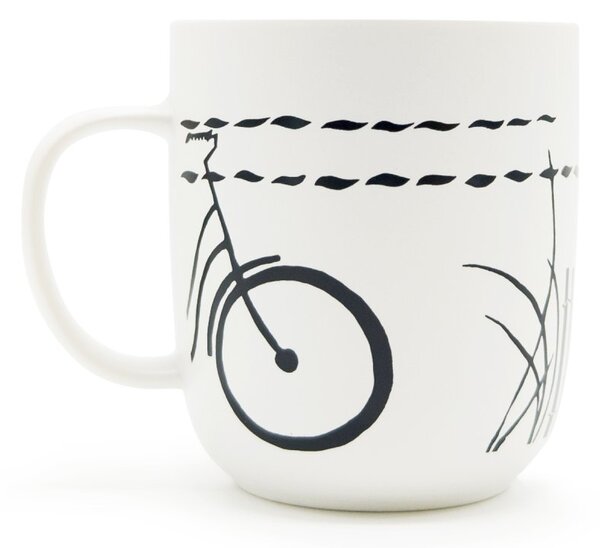 Porcelánový hrnek PPD Kolo na pláži, bílý, matný, minimalistická černá kresba kola, 400 ml
