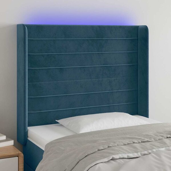 Čelo postele s LED tmavě modré 103 x 16 x 118/128 cm textil 3124234
