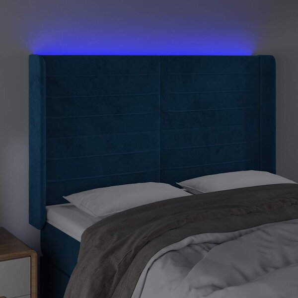 Čelo postele s LED tmavě modré 147 x 16 x 118/128 cm samet 3124240