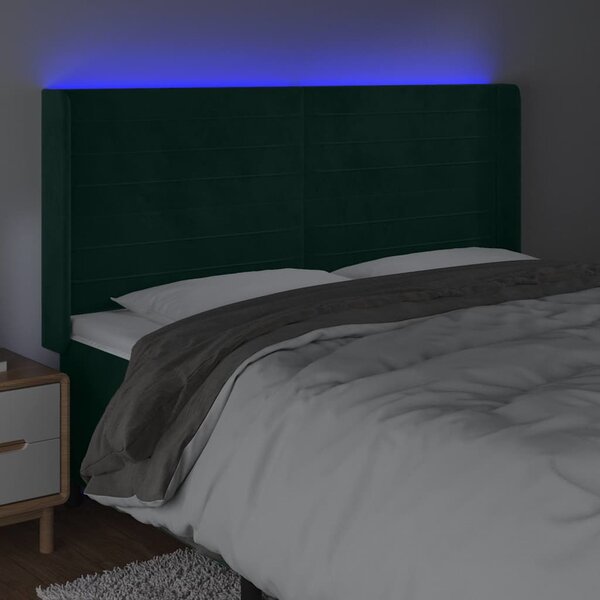 Čelo postele s LED tmavě zelené 163 x 16 x 118/128 cm samet 3124245