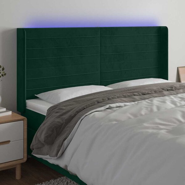 Čelo postele s LED tmavě zelené 163 x 16 x 118/128 cm samet 3124245