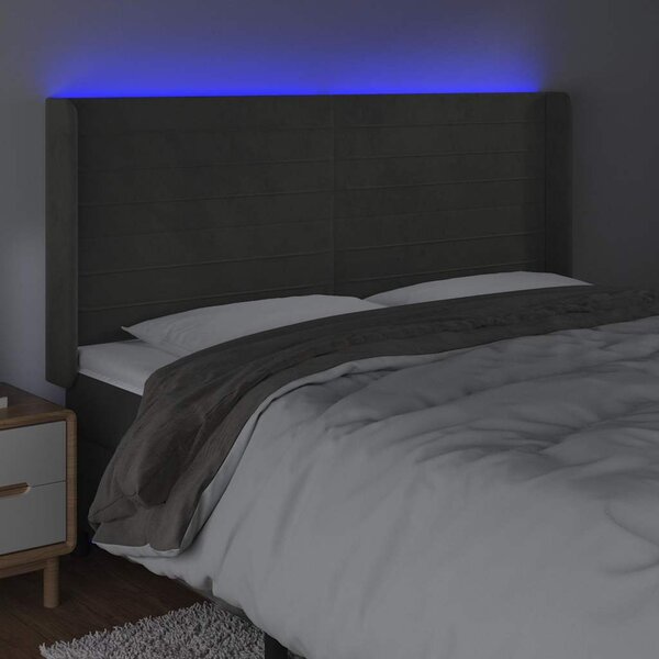 Čelo postele s LED tmavě šedé 163 x 16 x 118/128 cm samet 3124243