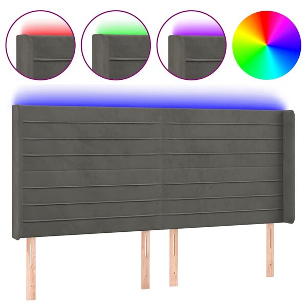 Čelo postele s LED tmavě šedé 163 x 16 x 118/128 cm samet 3124243