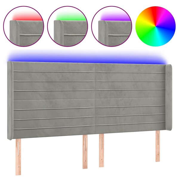 Čelo postele s LED světle šedé 203 x 16 x 118/128 cm samet 3124254