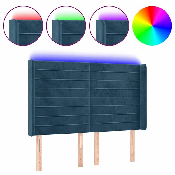 Čelo postele s LED tmavě modré 147 x 16 x 118/128 cm samet 3124240