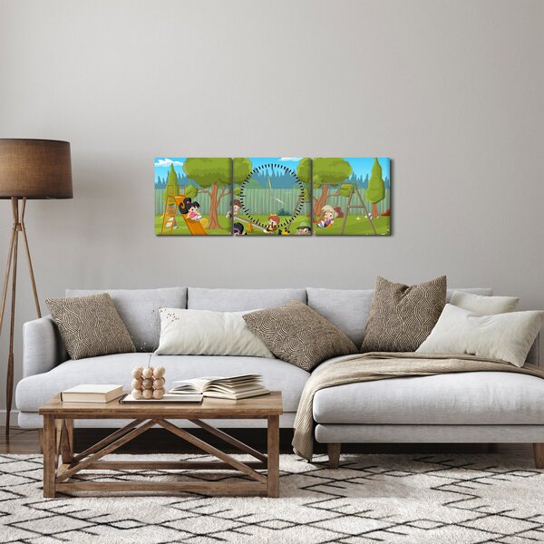 Obraz - Děti na hřišti (s hodinami) (90x30 cm)