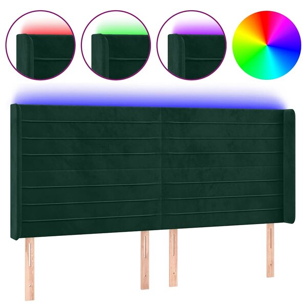Čelo postele s LED tmavě zelené 163 x 16 x 118/128 cm samet 3124245